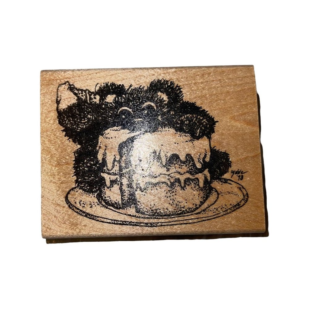 Vintage The Merry Stamper Animal Bear Eating Birthday Cake Wood Rubber Stamp 4"